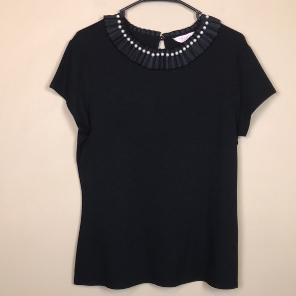 Ted Baker Tops - Ted Baker Black Pleated Pearl-Trim Short Sleeve Top
